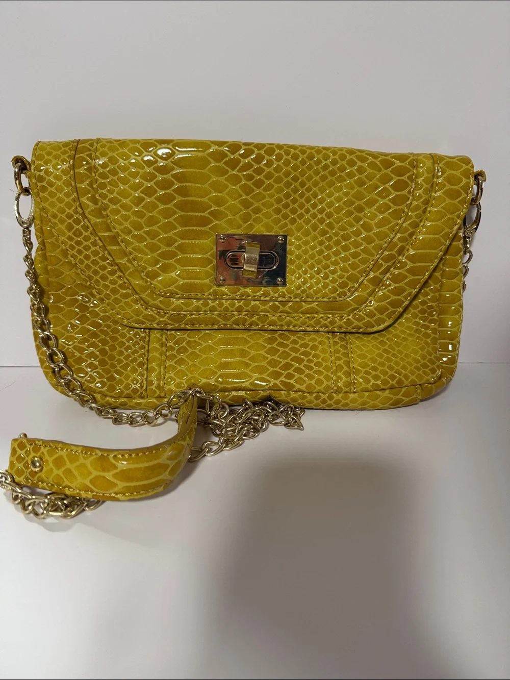 Steve Madden Yellow Patent Snake-Embossed Chain Crossbody